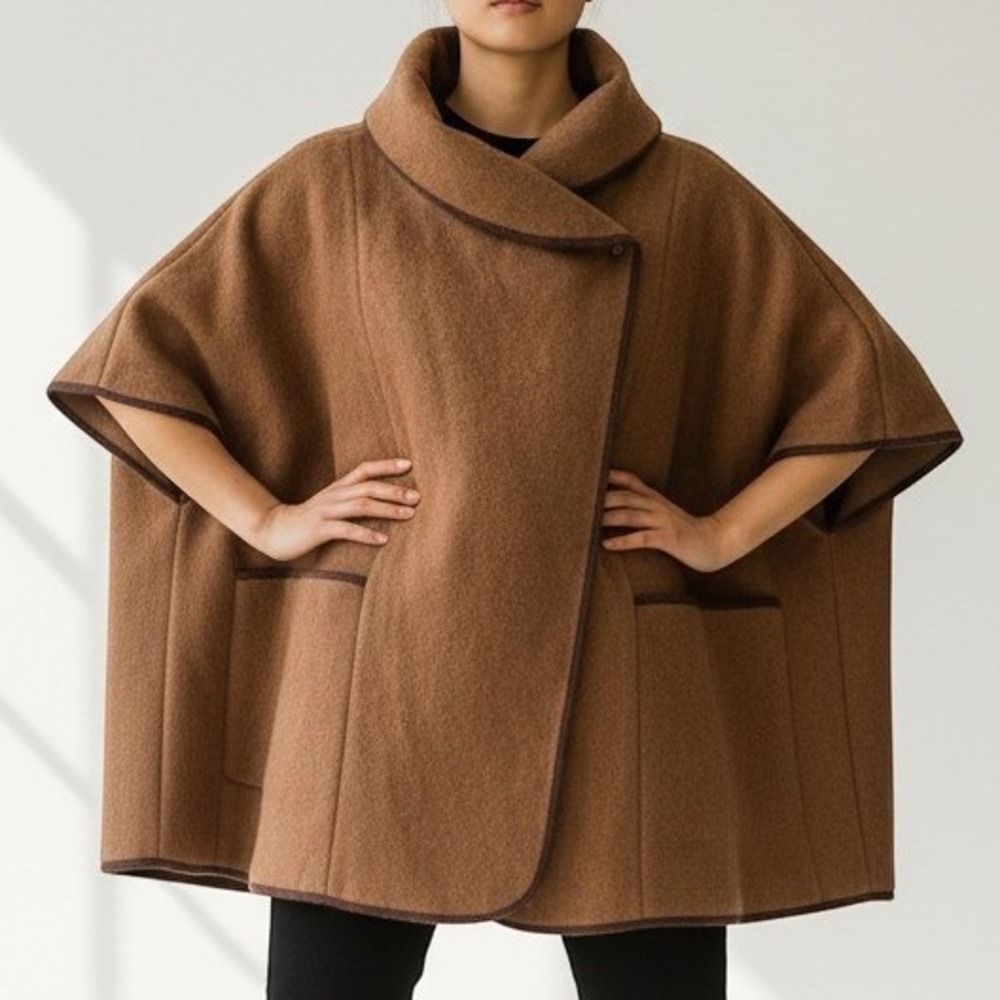 HM Womens Brown Wool Blend Cape Coat Jacket High Collar Pockets Oversized XS